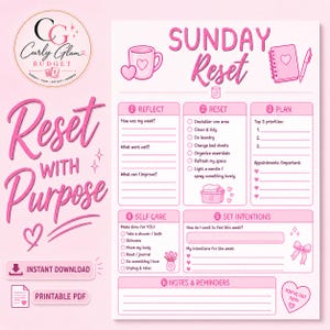 Peut inclure: Une page de planification Sunday Reset rose et blanche avec des sections pour réfléchir, réinitialiser, planifier, prendre soin de soi, définir des intentions et des notes. Elle inclut des illustrations de tasse, carnet, stylo, bougie, panier à linge, fleurs et nœud, avec le texte Sunday Reset et Reset With Purpose.