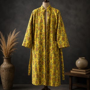 May include: A yellow floral patterned robe with long sleeves and a matching belt. The robe is displayed on a wooden mannequin. The floral pattern includes orange and green accents. The robe has two pockets and a mandarin collar.