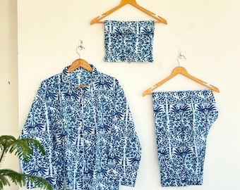 Luxury Hand Printed Indian Blockprint Pure High Quality Cotton | Aqua Ocean Pyjama Sleep Set | Royal Blue White Pheasant| Christmas Vibe |