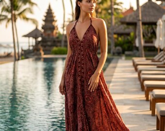 Handmade Boho Silk Paisley Maxi Dress, Block Printed Floral V-Neck, Halter Spaghetti Straps