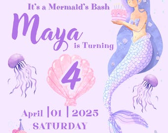 Invito di compleanno a tema sirena, invito per festa a tema sottomarino con acquerelli, festa a tema sirena "Splish Splash", invito di compleanno a tema sirena viola pastello modificabile.