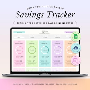 May include: A digital savings tracker for Google Sheets displayed on a laptop screen. The interface features pastel-colored columns for tracking up to 30 savings goals and sinking funds, with circular progress charts and automated financial data.