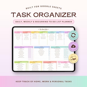Könnte beinhalten: Ein digitaler Aufgabenplaner für Google Sheets mit einer Übersicht für tägliche, wöchentliche und wiederkehrende Aufgaben. Die Benutzeroberfläche zeigt farbige Spalten für Wochentage und Kategorien sowie drei runde Symbole.