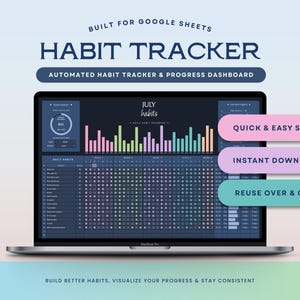 May include: A laptop displaying a digital habit tracker for Google Sheets titled July Habits. The screen shows a dark blue interface with colorful bar charts, a grid for daily tracking, and text labels including Quick & Easy Setup, Instant Download, and Reuse Over & Over.