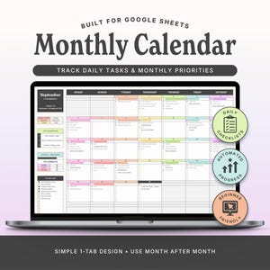 May include: A digital monthly calendar template for Google Sheets displayed on a laptop screen. The interface features a grid layout with colour-coded headers, a sidebar for priorities and progress tracking, and three circular badges for checklists, progress, and ease of use.
