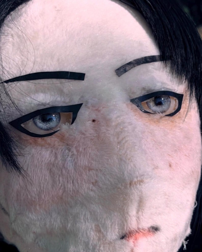 May include: Close-up of a plush doll face with black eyeliner and eyebrows. The doll has light blue eyes and black hair. The skin is a pale pink color.