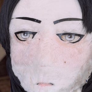 May include: A close-up of a doll's face with pale skin, black hair, and striking features. The doll has large, light-colored eyes with black eyeliner, thin black eyebrows, and a small, slightly parted mouth. The doll's face has a soft, textured appearance.