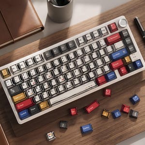 May include: A white mechanical keyboard with black and white keycaps, accented with red, blue, and yellow keys. The keyboard sits on a wooden surface, with additional loose keycaps scattered around.