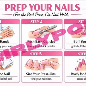 Pode incluir: Uma infografia rosa e branca intitulada "Prepare suas unhas" com seis etapas para aplicar unhas postiças. As etapas incluem lavar as mãos, empurrar as cutículas, polir as unhas, limpar as unhas, dimensionar as unhas postiças e a aplicação.