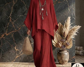 Linen Cotton Two Piece Set, Oversized Kaftan Top, Wide Leg Pants, Boho Loungewear