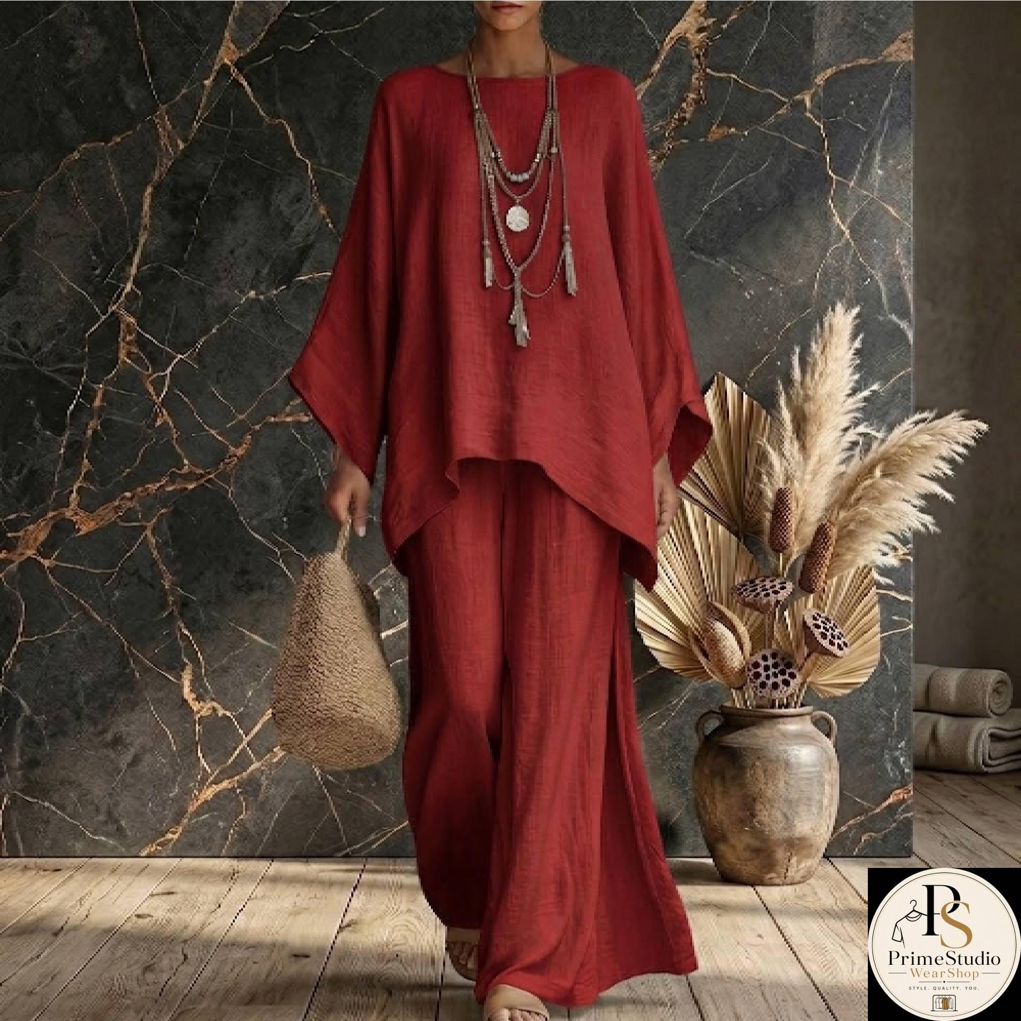 Tweedelige set van linnen en katoen, oversized kaftantop, broek met wijde pijpen, boho loungewear