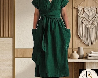 Cotton Linen Midi Wrap Dress with Pockets, Summer V-Neck, PrimeStudioWearShop
