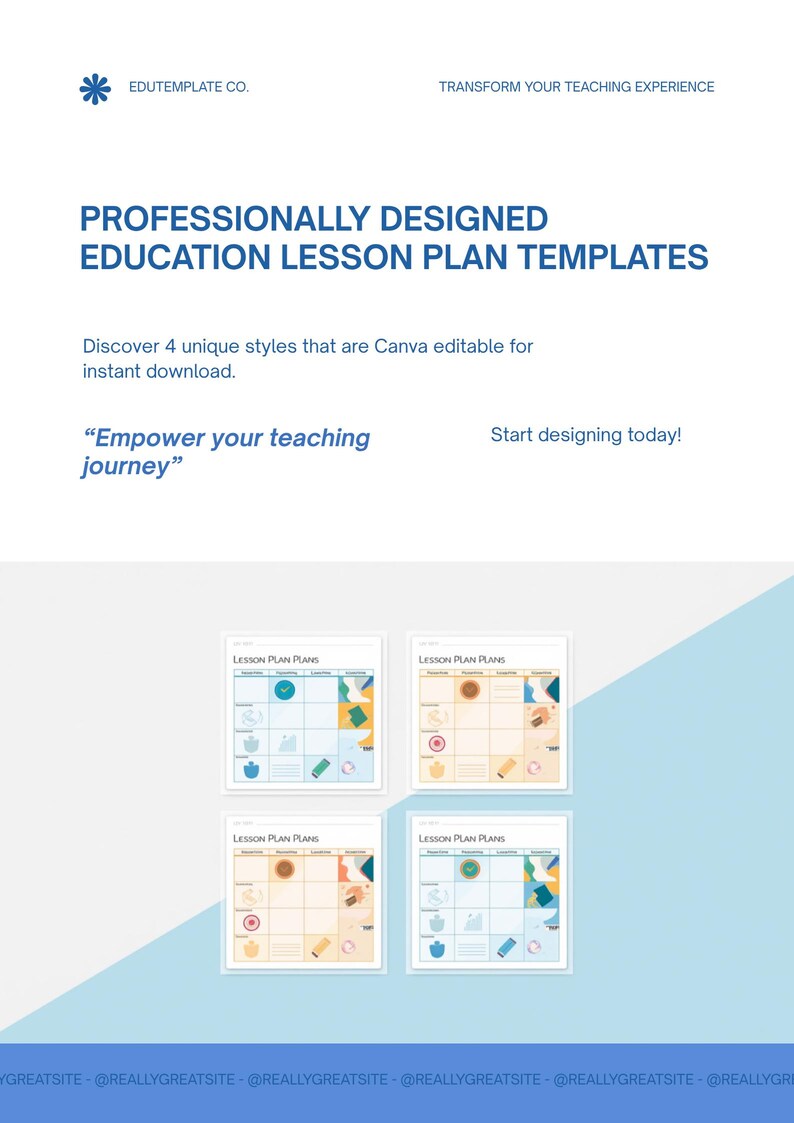 May include: A light blue and white graphic promoting professionally designed education lesson plan templates. The text reads "Professionally Designed Education Lesson Plan Templates" and "Empower your teaching journey". Four lesson plan examples are shown.