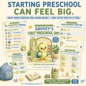 May include: A preschool preparation pack titled Grovey's First Preschool Days featuring a central book, four activity sheets, a blue backpack, a small book, and a pencil cup. The materials include checklists for morning routines, goodbye routines, and feelings.