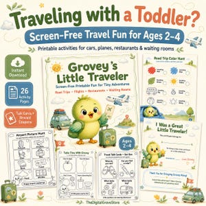 Könnte beinhalten: Ein digitales, ausdruckbares Aktivitätsset mit dem Titel Traveling with a Toddler, das einen gelben Vogel namens Grovey zeigt. Enthält 26 Seiten mit Reisespielen, Flughafensuchbildern, Gesprächskarten und einem Zertifikat für Kinder von 2-4 Jahren.