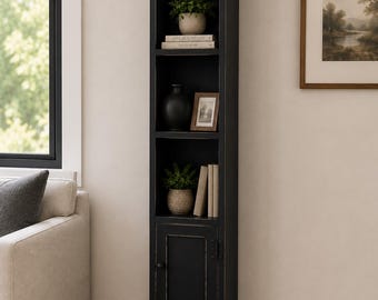 Tall Narrow Chimney Cabinet, Distressed Black Storage Cupboard, Primitive Country Furniture