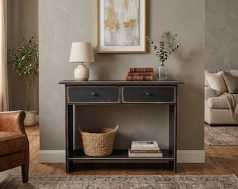 Mesa consola de 2 cajones, soporte estrecho para plantas de entrada, mesa auxiliar rústica de madera para sofá