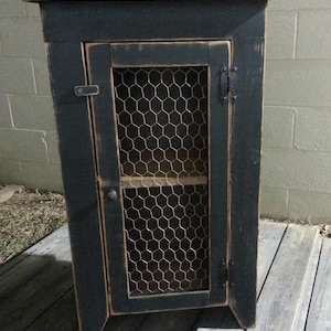 May include: A black cabinet with a single door featuring a wire mesh panel. The cabinet has a distressed finish, a small handle, and a latch. It stands on a wooden surface.