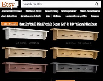 Primitive Wooden Wall Shelf with Pegs - Available in 24", 36", 48" Lengths - Mustard, Red, Tan, Black & White