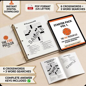 May include: A digital puzzle collection featuring a binder with FF Crossword 01, a tablet displaying Starter Pack Vol 1 The Fire Puzzler LLC, and an answer key booklet. Includes 6 crosswords, 3 word searches, and instant digital download.