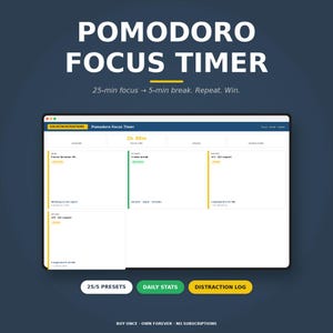 Könnte beinhalten: Eine digitale Oberfläche für einen Pomodoro-Fokus-Timer mit dem Text "POMODORO FOCUS TIMER" in Weiß. Der Bildschirm zeigt Fokus-Sessions, Pausen und Berichte an. Die Schaltflächen unten lauten "25/5 PRESETS", "DAILY STATS" und "DISTRACTION LOG".