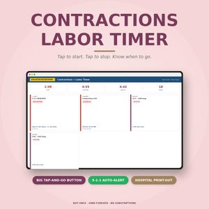 May include: A digital tablet displays a labor timer app interface. The app features a clean, white background with data fields for tracking contractions. The screen displays the text "CONTRACTIONS LABOR TIMER" and buttons labeled "BIG TAP-AND-GO BUTTON" and "5-1-1 AUTO-ALERT".