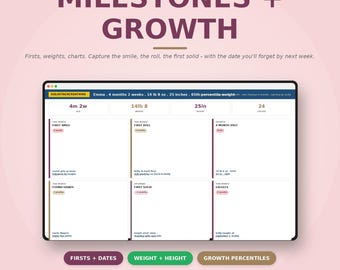 Aplicación web para el seguimiento del crecimiento y los hitos del bebé: 25 hitos sugeridos, tabla de peso, resumen imprimible (digital).