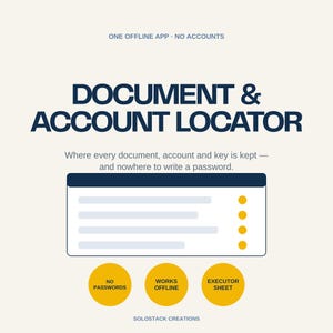 May include: A digital document and account locator graphic with the text ONE OFFLINE APP NO ACCOUNTS, DOCUMENT & ACCOUNT LOCATOR, Where every document, account and key is kept — and nowhere to write a password, NO PASSWORDS, WORKS OFFLINE, EXECUTOR SHEET, SOLOSTACK CREATIONS.
