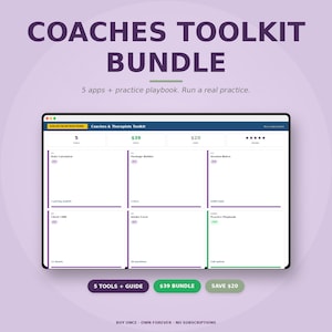 May include: A digital Coaches Toolkit Bundle advertisement. The image features a tablet displaying a toolkit with 5 apps and a practice playbook. Text includes "COACHES TOOLKIT BUNDLE" and "5 apps + practice playbook. Run a real practice."