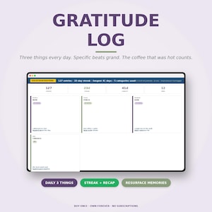 Webbappen för tacksamhetslogg | Daglig journal, sviter, månatlig sammanfattning (ingen prenumeration)