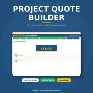 May include: A digital display on a dark blue background with the text "PROJECT QUOTE BUILDER" in white. The display shows a quote with a recommended list price of $12,400. Buttons at the bottom read "LINE-ITEM SCOPE", "DEPOSIT MATH", and "E-SIGN READY".