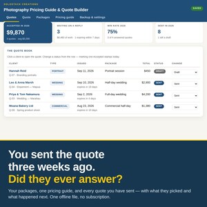 May include: A digital dashboard titled Photography Pricing Guide & Quote Builder by Solostack Creations. It displays client quotes, statuses, and financial metrics. Below, text reads: You sent the quote three weeks ago. Did they ever answer?