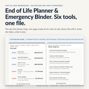 End of Life Planner & Emergency Binder App, 6 Tools In One File | Estate Planning, Executor Checklist, Caregiver Planner, Medication Tracker
