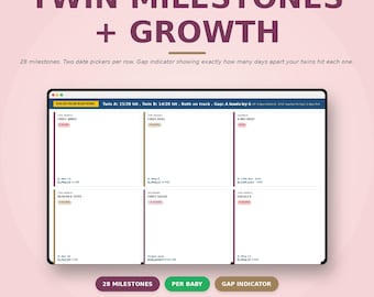 Aplicación web para el seguimiento de hitos del crecimiento de gemelos + gráfica de crecimiento / Fechas por bebé, indicador de diferencia (sin suscripción)