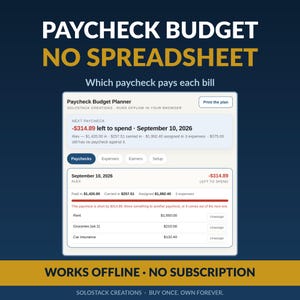 May include: A digital paycheck budget planner interface on a dark blue background with the text PAYCHECK BUDGET NO SPREADSHEET. The screen displays financial data for September 10, 2026, including expenses like rent, groceries, and car insurance.