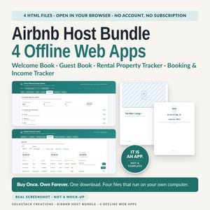 May include: An Airbnb Host Bundle featuring 4 offline web apps: Welcome Book, Guest Book, Rental Property Tracker, and Booking & Income Tracker. Includes screenshots of the interface, a WiFi information card, and a badge stating it is an app.