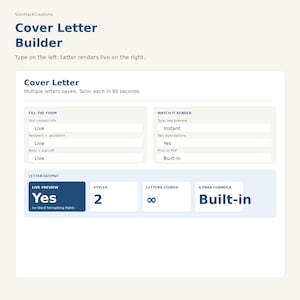 May include: A digital interface for a cover letter builder. The interface features text fields, preview options, and settings for styles and letter storage. The text "Cover Letter Builder" is displayed at the top.