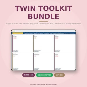 Może przedstawiać: Grafika cyfrowa promująca pakiet Twin Toolkit. Tekst brzmi "Twin Toolkit Bundle" w ciemnoróżowej czcionce. Obraz przedstawia tablet wyświetlający sześć aplikacji dla rodziców bliźniaków.