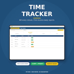 Könnte beinhalten: Eine digitale Zeiterfassungsoberfläche auf einem Tablet, mit den Worten "TIME TRACKER" in großen weißen Buchstaben. Die Oberfläche zeigt Projektdetails und Finanzdaten an. Schaltflächen: "ONE-CLICK START", "CLIENT X PROJECT" und "INVOICE-READY".