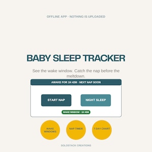 以下が含まれることがあります： 「BABY SLEEP TRACKER」および「See the wake window. Catch the nap before the meltdown.」というテキストが表示されたデジタルベビー睡眠トラッカーのインターフェース。「START NAP」と「NIGHT SLEEP」のボタン、および「WAKE WINDOWS」、「NAP TIMER」、「7 DAY CHART」とラベル付けされた3つの黄色い円形アイコンが含まれています。