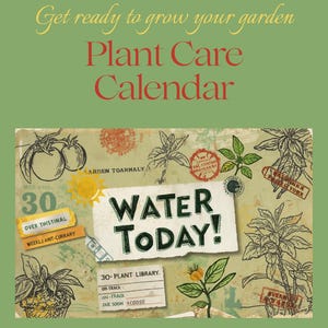 Puede incluir: Un calendario de cuidado de plantas verde con el texto Get ready to grow your garden Plant Care Calendar. El diseño presenta ilustraciones botánicas, un sol amarillo y una nota de papel blanco con el texto negro en negrita WATER TODAY! y 30-PLANT LIBRARY.