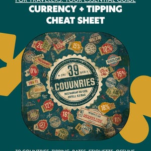 Op de afbeelding: Een blauwgroene reisgids getiteld FOR TRAVELERS: YOUR ESSENTIAL GUIDE CURRENCY + TIPPING CHEAT SHEET. Het midden bevat een cirkelvormige afbeelding met 39 COUNTRIES en diverse postzegels in vintage-stijl met percentages zoals 10%, 15% en 18%.