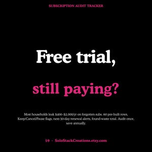 May include: A black digital subscription audit tracker with white and pink text. The text reads: SUBSCRIPTION AUDIT TRACKER, Free trial, still paying? Most households leak $400-$2,000/yr on forgotten subs. 60 pre-built rows, Keep/Cancel/Pause flags.