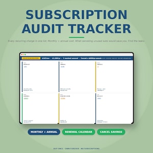 May include: A digital subscription audit tracker on a tablet screen. The screen displays a spreadsheet-like layout with sections for monthly, annual, and unused subscriptions. Text includes "Subscription Audit Tracker" and "Monthly + Annual".