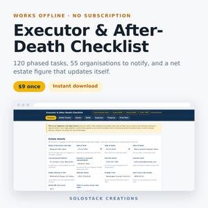 Executor Checklist Web App | After Death Organizer, 120 Tasks, Death Notification Tracker, Estate Inventory & Expenses | Download