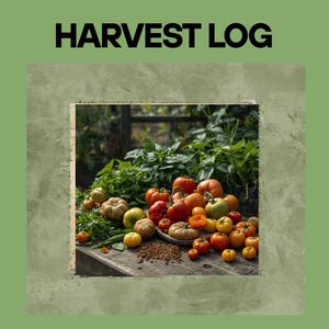 Könnte beinhalten: Ein Harvest Log Journal-Einband mit dem Text HARVEST LOG oben und SOLOSTACK CREATIONS unten. Das zentrale Bild zeigt eine Vielzahl frischer, bunter Tomaten und grüner Kräuter, die auf einer rustikalen Holzoberfläche angeordnet sind.