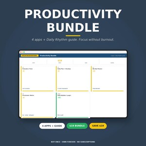 Może przedstawiać: Ciemnoniebieska grafika promująca pakiet produktywności. Tekst brzmi „PRODUCTIVITY BUNDLE” z hasłem „4 aplikacje + przewodnik Daily Rhythm. Skup się bez wypalenia zawodowego”. Pakiet zawiera 4 aplikacje i przewodnik.