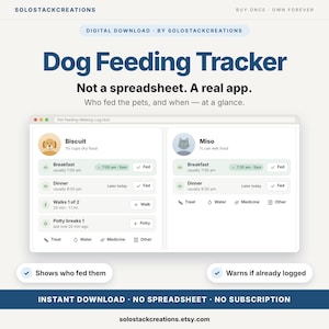 Puede incluir: Una interfaz de aplicación digital para el seguimiento de la alimentación canina titulada Dog Feeding Tracker. Muestra perfiles de mascotas para Biscuit y Miso con registros de alimentación, paseos y necesidades. Texto: Not a spreadsheet. A real app.