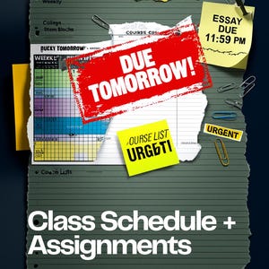 May include: A dark green lined paper sheet titled Class Schedule + Assignments with various paper scraps, yellow sticky notes reading ESSAY DUE 11:59 PM and OURSE LIST URGENT, and a red stamp reading DUE TOMORROW! alongside scattered metal paper clips.