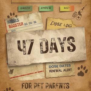May include: A vaccination and medication tracker for pet parents featuring the text 47 DAYS, RABIES BOOSTER, DOSE LOG, and RENEWAL ALERT. The design includes green, amber, and red color-coded labels, paw prints, and a syringe illustration on paper.